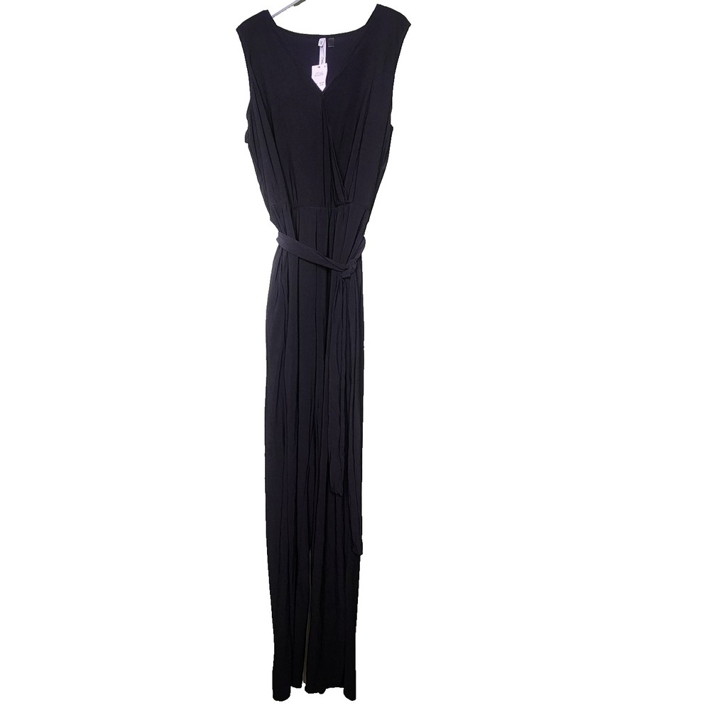 NY Collection Jumpsuit PXL Black Sleeveless Belted Slinky Wide Leg Stretch